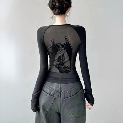 Siyah Retro Melek Baskı T-shirt Kadınlar için 2024 Bahar Moda Slim Fit Tee Gömlek Y2k E-Kız Uzun Kollu Dip Üstleri Mujer Yeni