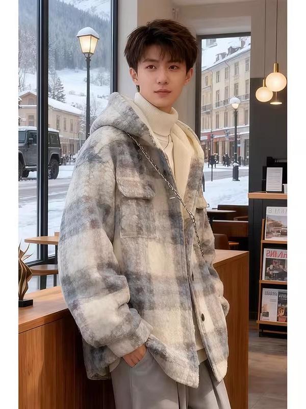 Melaleuca Men's Winter Hooded Plaid Plush Jacket - Trendy, High-End, Velvet, Handsome Coco Style