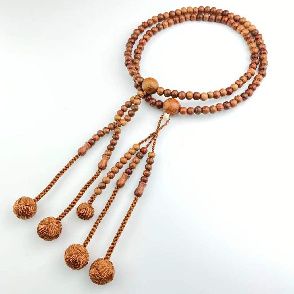 Wonderful Lotus Soka Gakkai Prayer Beads, Unisex Shaku 0 Karin Wood, 108 Formal Beads with Pouch, Bonten Tassel, Brown