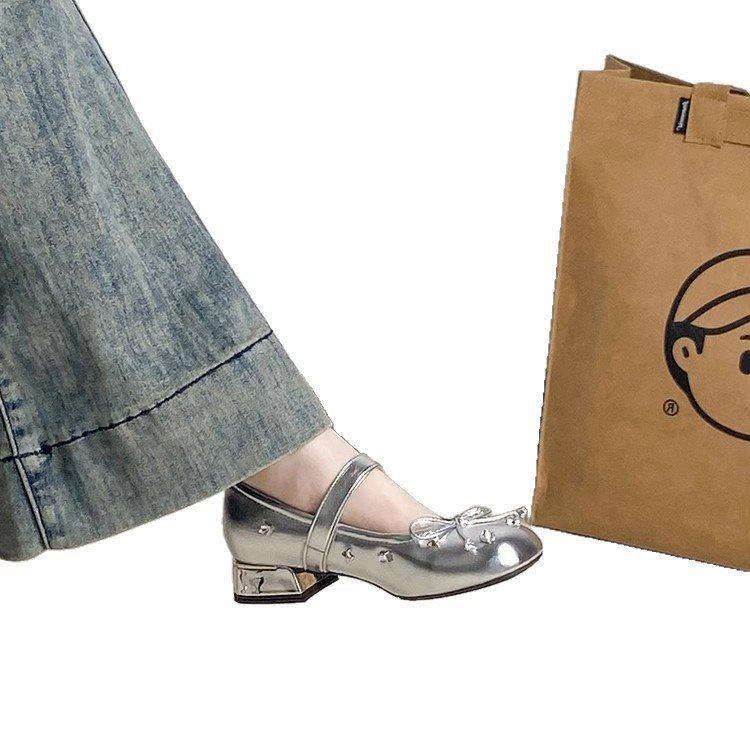 Shoe Fairy One Word Square Head Light Mouth Super Spring and Autumn French Retro Buckle Single Shoes Women's Shoes 2025 Wind Thick Heel Silver