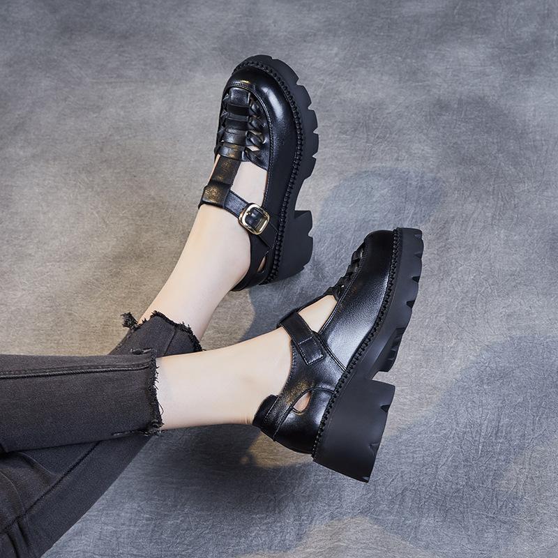 First layer cowhide loafers women's summer 2025 new British style retro Brock Roman platform sandals women