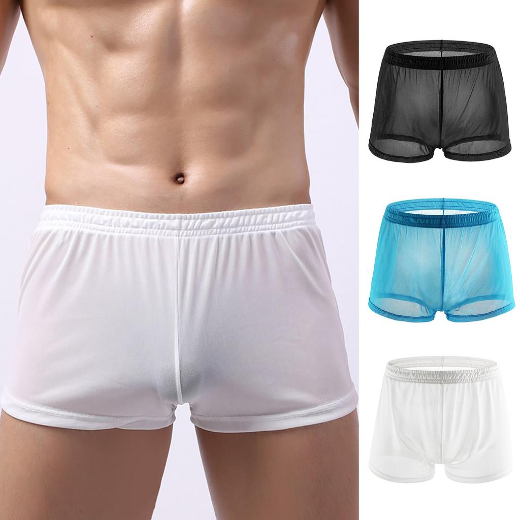Soutong See Through Men Color Mesh Yarn Underpants Solid Mid Waist Transparent Thin Boxer Underwear For Daily Wear