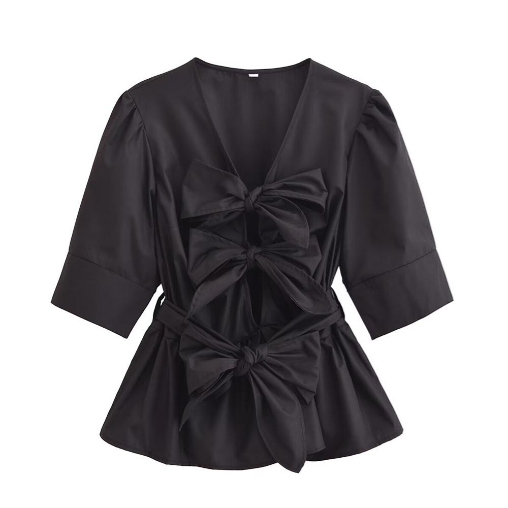 

Женский короткий топ с V-образным вырезом, рукавами-буфами и завязками-бантами, весна/лето 2025 M чёрный