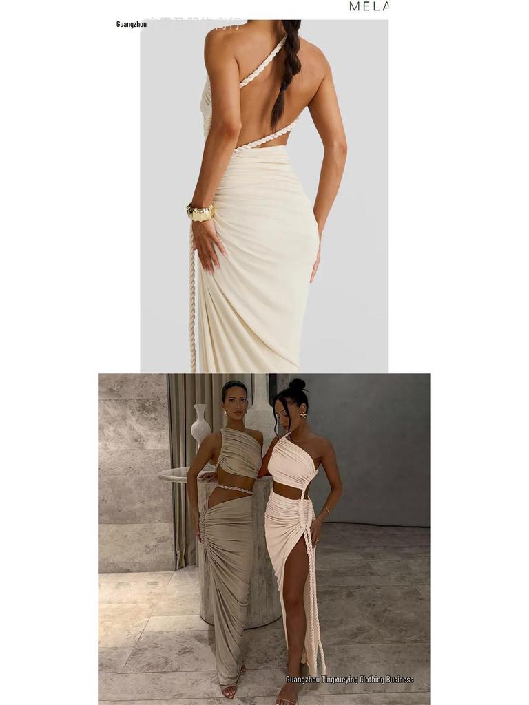 Women's One-Shoulder Ruffled Bandeau Dress: Sexy Summer Backless Split Long Dress