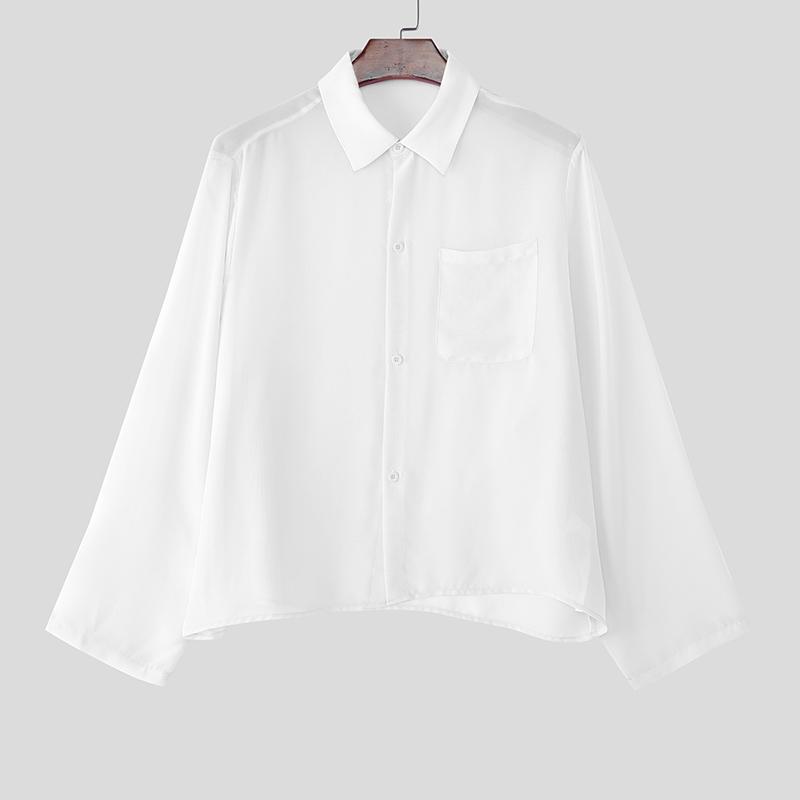 INCERUN Oversized Men Lapel Neck Drop Shoulder Long Sleeve See Through Mesh Shirts Tops
