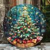 Vintage Round Metal Tin Sign Christmas Tree With Gifts Home Wall Art Decor 20cm