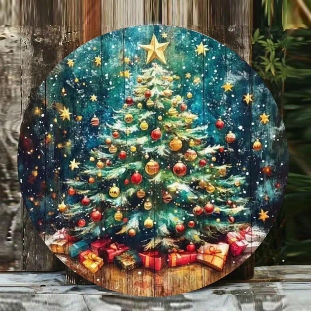 Vintage Round Metal Tin Sign Christmas Tree With Gifts Home Wall Art Decor 20cm