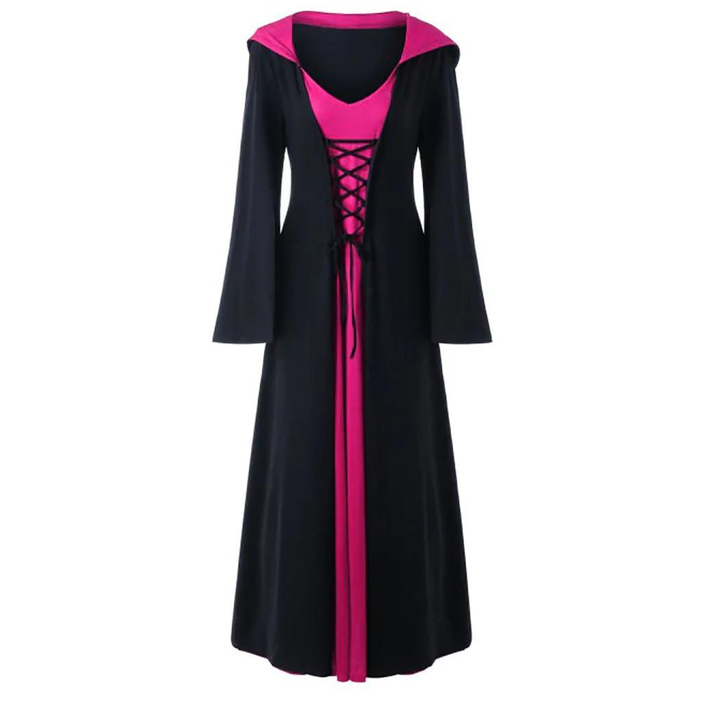 Women Hooded Stitching Halloween Long Sleeve Dress Casual Robe Jacket