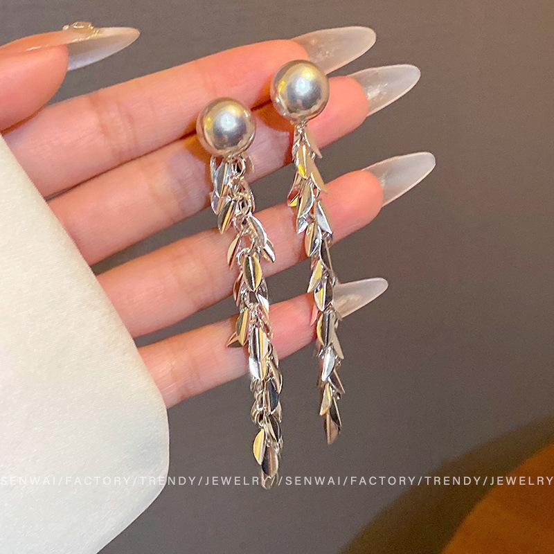 

Wave Wheat Ear Pearl Long Fringed Earrings Women s Design Stud Earrings Temperament Earrings