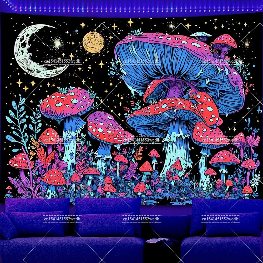 Skeleton Eye Blacklight Mushroom Tapestry UV Reactive Sun And Moon Neon Tapestrys Glow In The Dark Aesthetic Room Decor Posters
