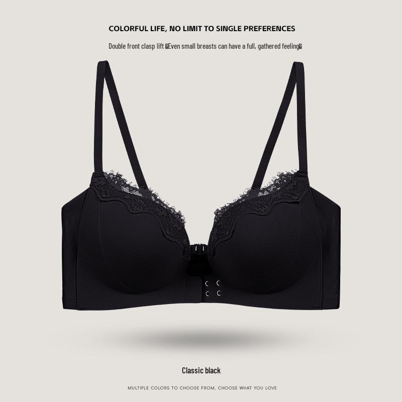Front-Buckle Lace Bra for Small Busts - Wire-Free, Side-Support, Thickened Cup