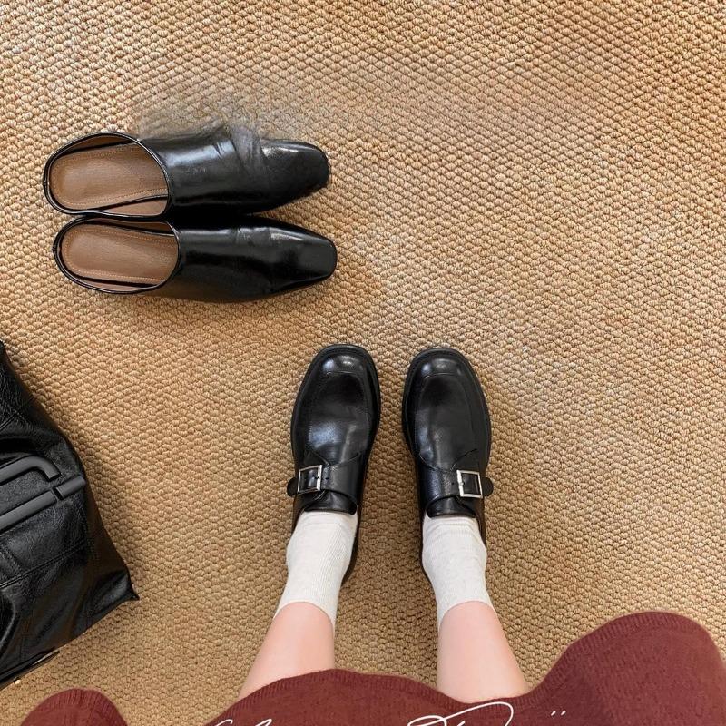 Anti-slip Shoes, Round-toed Buckle Buckle Single Shoes, Chunky-heeled Leather Shoes