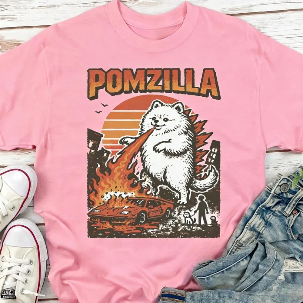 Funny POMZILLA Pomeranian Shirt Vintage Comic Monster Pom Tee Weird Fire-Breathing Dog T-Shirt Lovers Gift Tops
