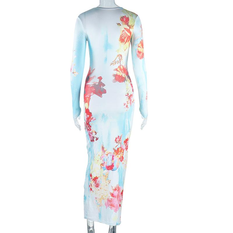 European and American Style Fashionable Printed Round Neck Pullover Long Sleeved Dress with Buttocks Wrapped Long Skirt, Street Style Casual Dress