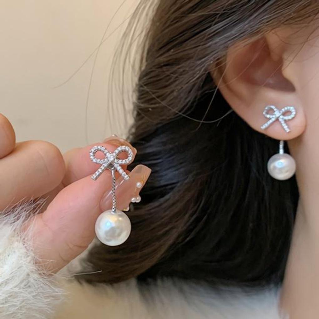 Women's Accessories Clear Ribbon Pearl Drop Earrings
