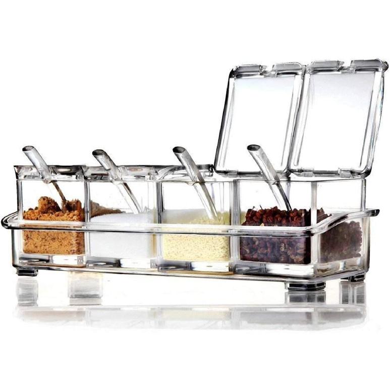 Clear Seasoning Rack Spice Pots by AIQI - 4 Piece Acrylic Seasoning Box - Storage Container Condiment Jars - Cruet with Cover and Spoon
