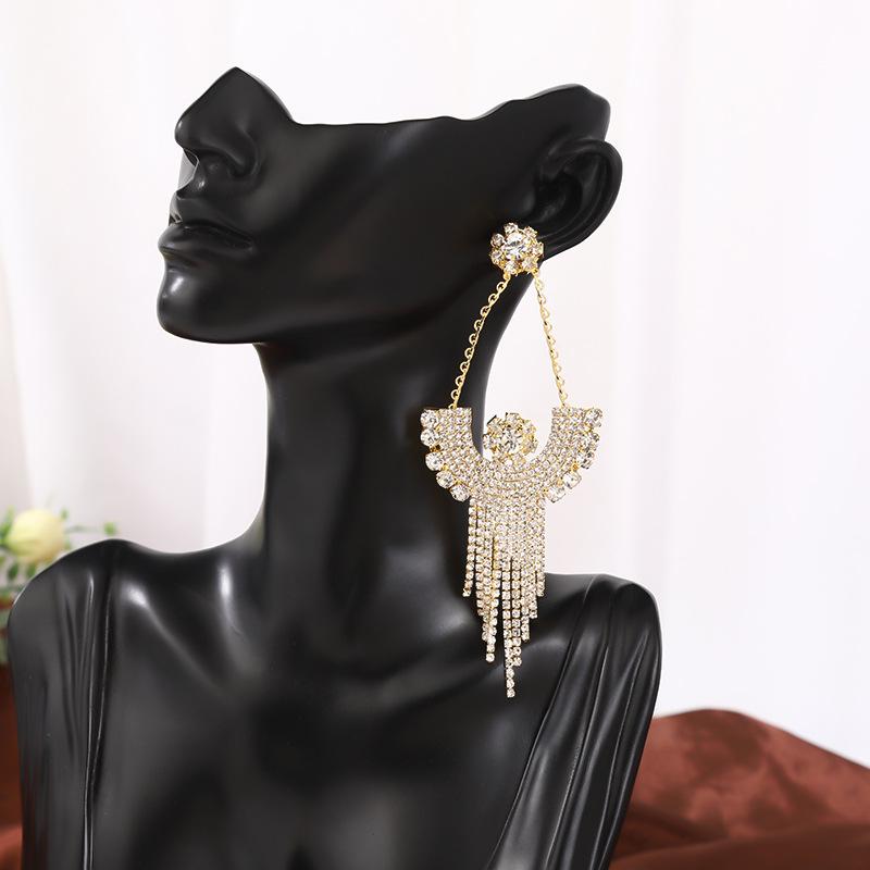 A Pair Of Exaggerated Big-Name Luxury Full Diamond Long Fringed Earrings, Feminine Versatile Dinner Earrings, Earrings, Earrings.