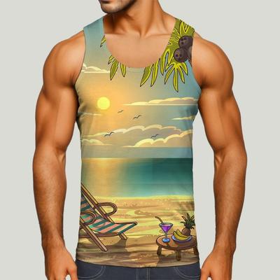 Muscle Man 3D Digital Printed Pattern Tank Top Sleeveless Beach Hawaiian Coconut Tree Tank Top Clothes
