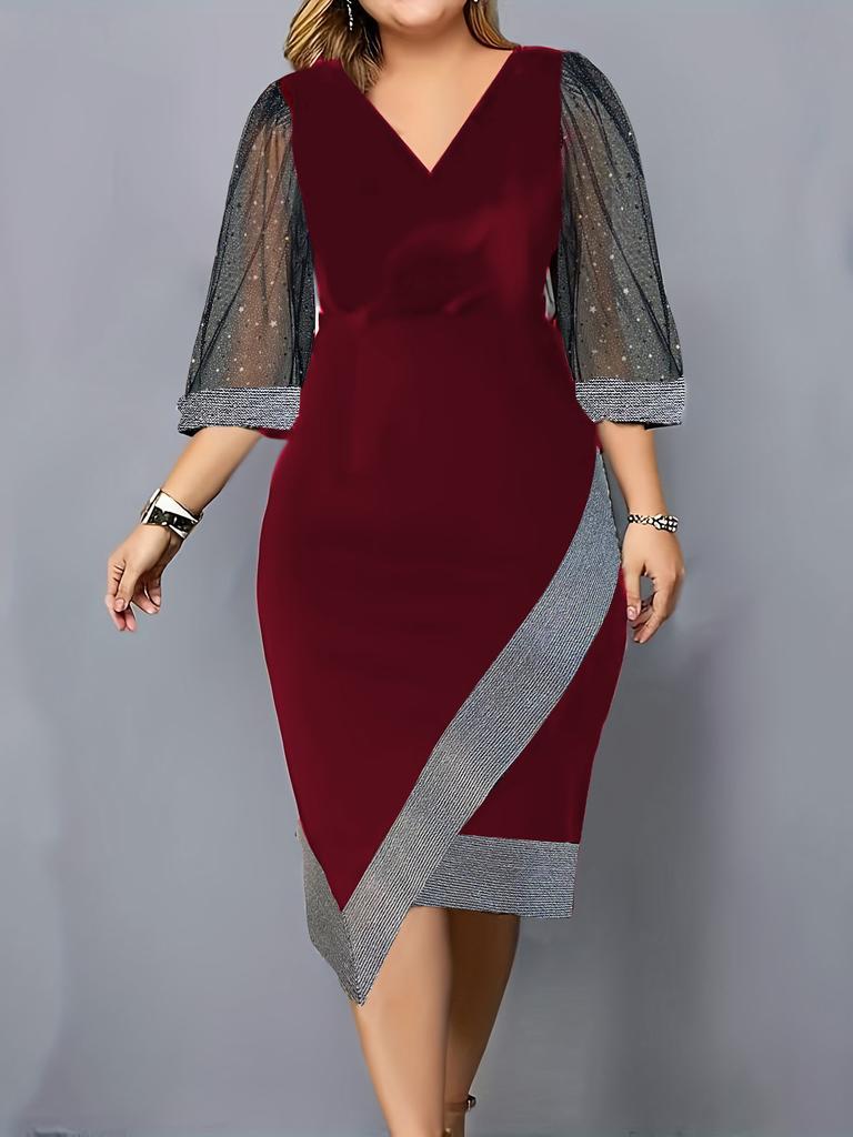 European and American new temperament commuter slim mesh splicing short-sleeved V-neck dress