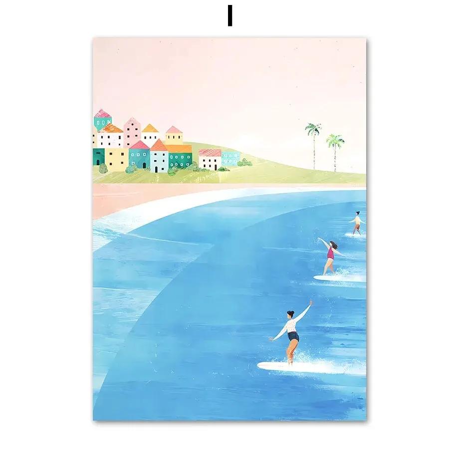 Ocean Beach Palme Surfbrett Möwe Leinwandmalerei - Reiseplakate und Drucke für Wohnzimmerdekor