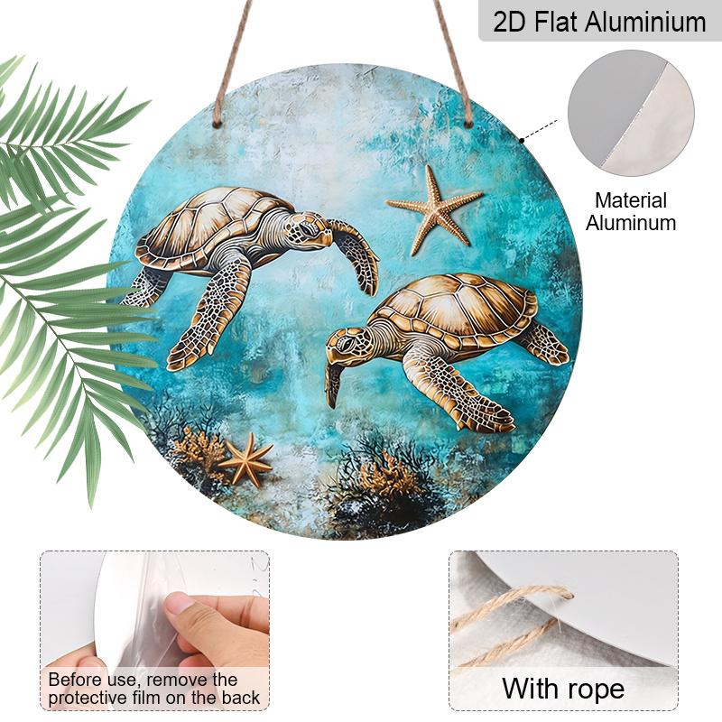 Vintage Sea Turtles & Starfish Metal Wall Art – 2D Flat Round Aluminum Sign with Oceanic Blue Background, Coral Reef Design, Indoor Decor for Living