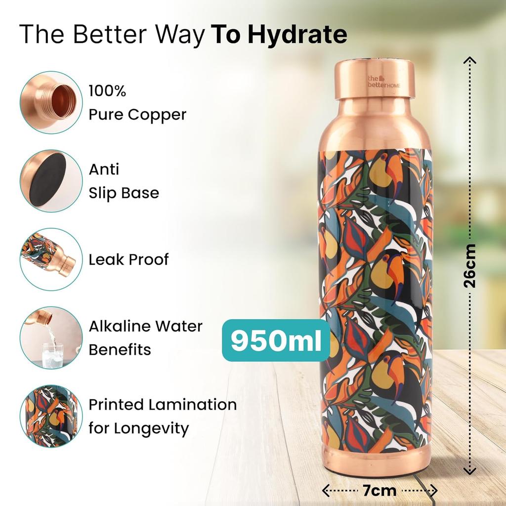 Медная бутылка с принтом Туканы (950 мл), Copper Water Bottle Toucan Touch,  The Better Home