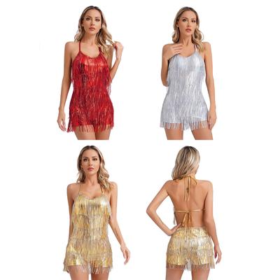 Women's Sequins Tassel Dance Costume Cocktail Party Dresses Rumba Latin Ballroom Dress