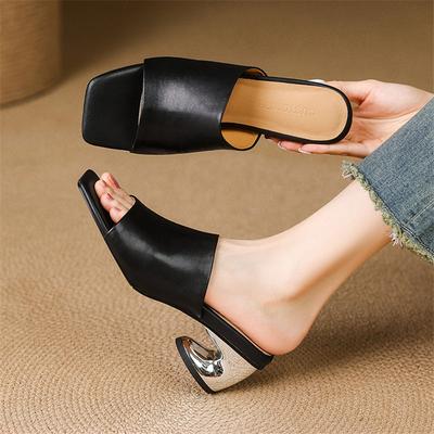 Fashion New Summer Slippers Genuine Leather Slippers for Women Fashion Square Toe Ladies Shoes Med Heels Open Toe Slippers Sandals
