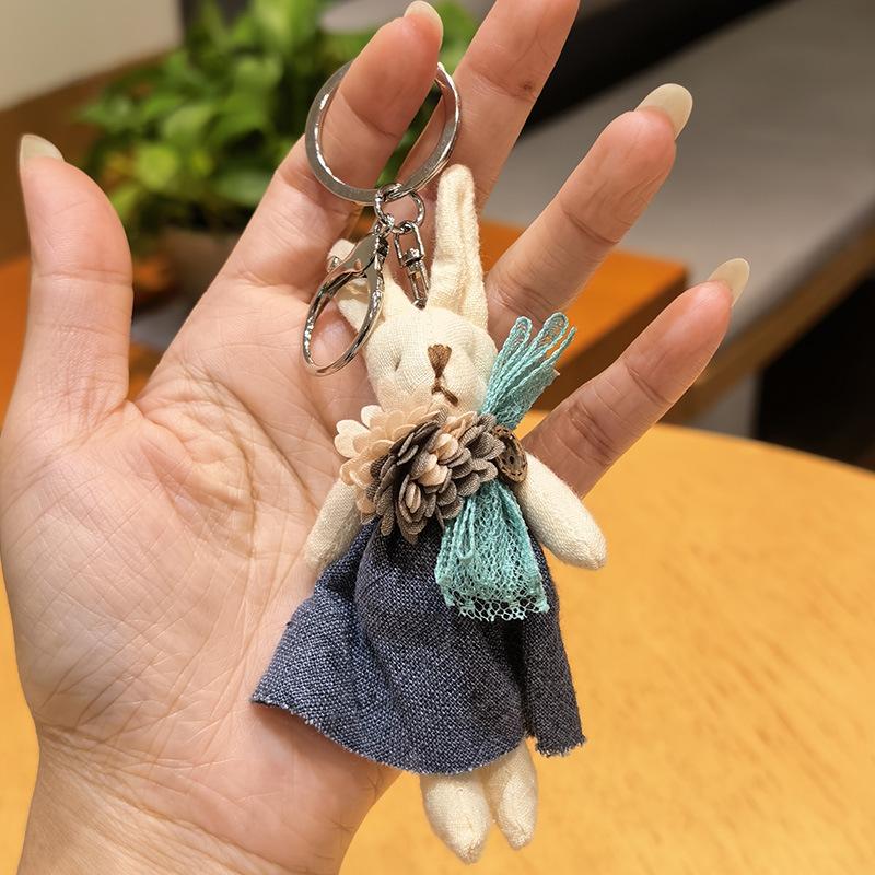 Cute Fabric Bunny Bag Charm, Handmade Plush Rabbit Keychain with Flower Dress & Braided Rope