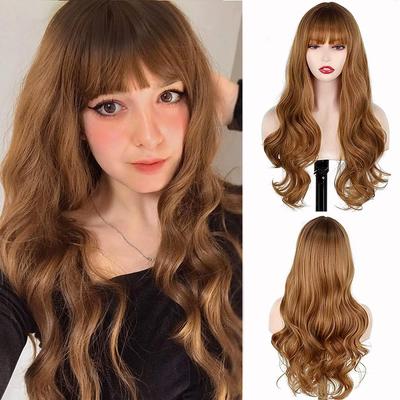 Long Brown Wig with Bangs, Light Brown Wavy Wigs for Women, Synthetic Natural Wavy Long Brown Hair Wig for Daily Use