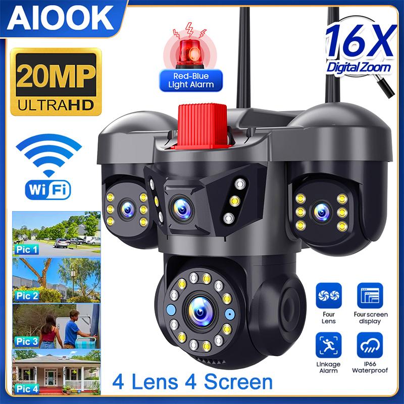 AIOOK Hieasy Kamera 4 Linser HD 20MP Utendørs Wifi-kamera Nattsyn Mobilsporing PTZ IP CCTV Smart Alarm Toveis Intercom