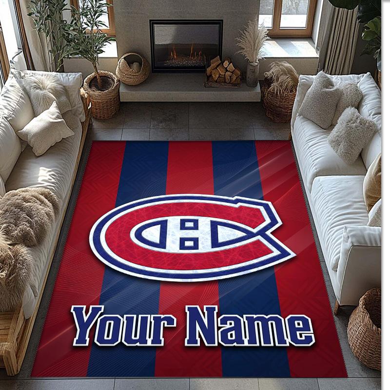 Montreal Canadiens Crystal Velvet Rug, Custom Name Text Personalized Non‑Slip Floor Mat for Home Decor Gift