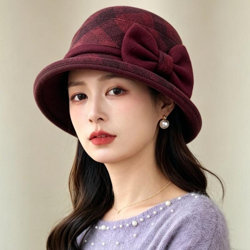 Autumn and winter new women's plaid basin hat bow woolen top hat elegant retro versatile bucket hat mother hat