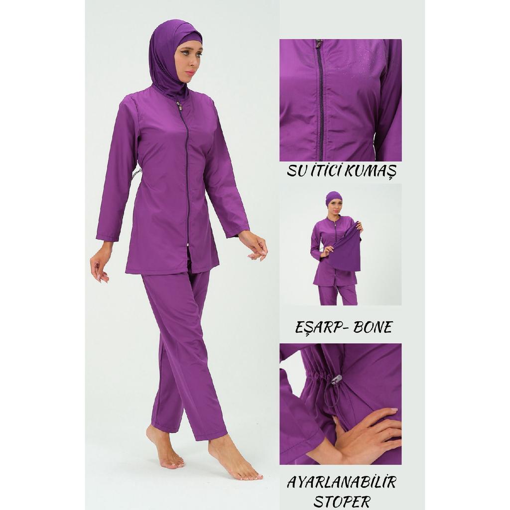 Costum de baie hijab de culoare solidă pentru femei Pantaloni Bonetă eșarfă tunică Set complet 4 piese Costum de baie hijab hidrofug