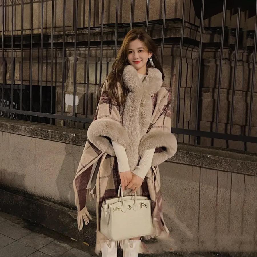 Faux Rabbit Fur Capes Coats Women Plaid Poncho Jackets Tassel Hooded Batwing Sleeves Open Stitch Loose Casual Autumn Winter