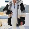 Winter Women's Patchwork Plush Coat, Hooded Zipper Pocket Jacket with Warm Lining, Oversized Casual Outerwear for Cold Weather