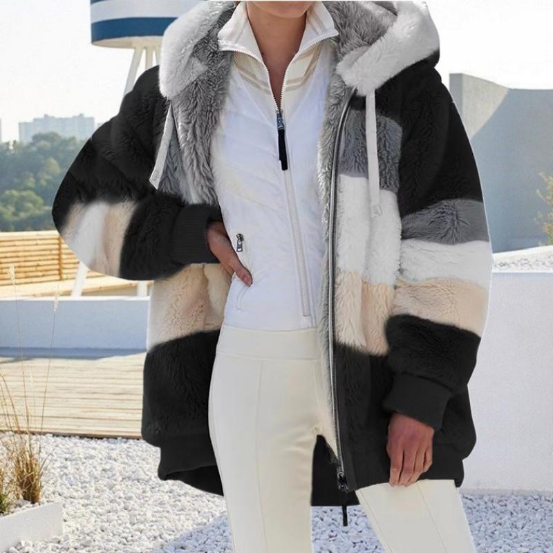 Winter Women's Patchwork Plush Coat, Hooded Zipper Pocket Jacket with Warm Lining, Oversized Casual Outerwear for Cold Weather