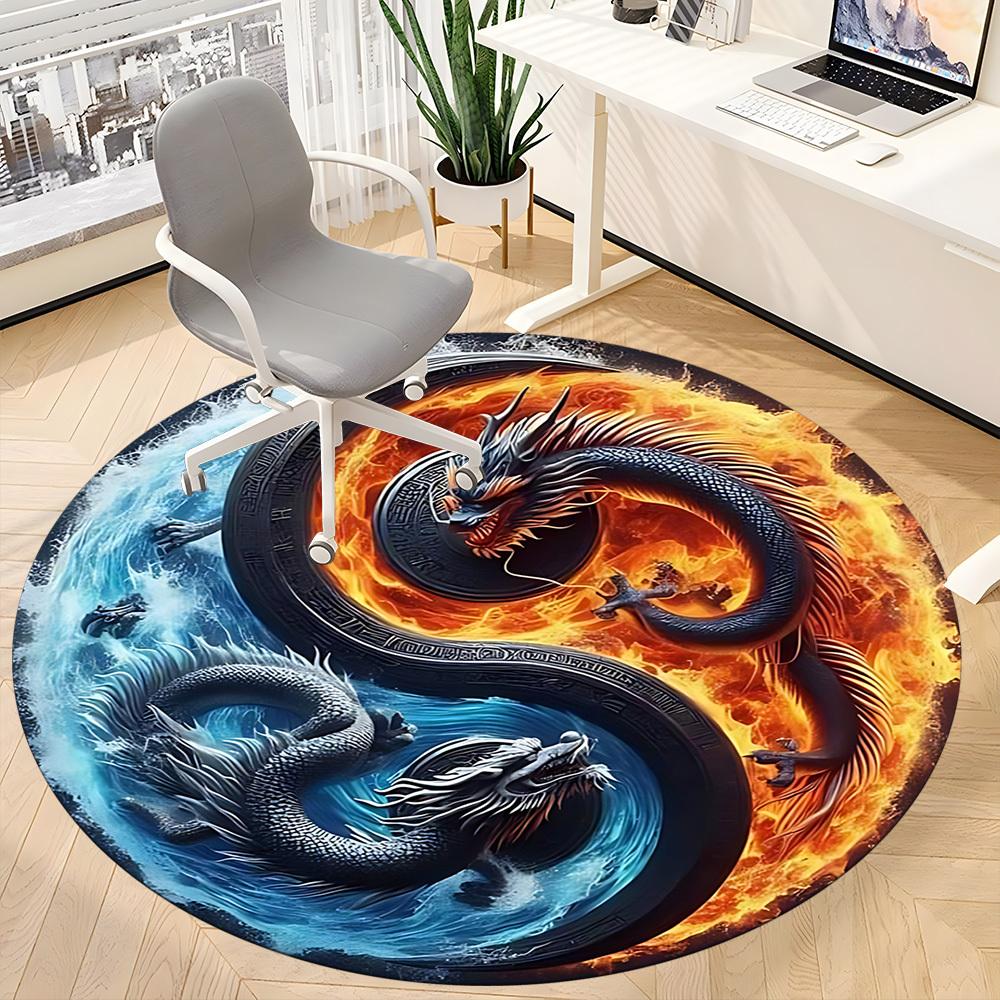 1pc Yin Yang Dragons Chair Carpet for Office, Round Non Slip Durable Large Size Office Carpet, Suitable for Office