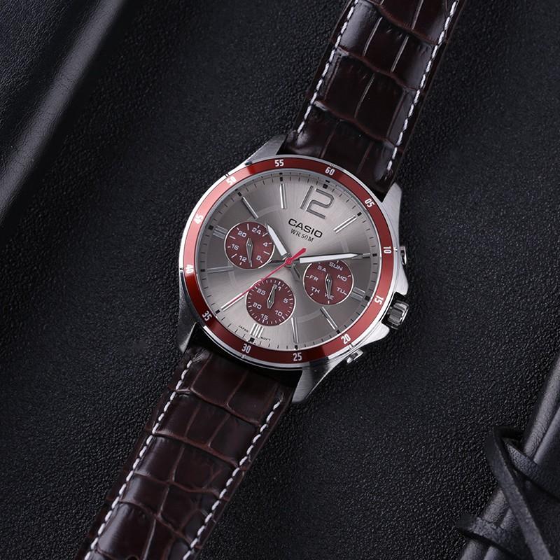 Casio Standard Series Business Fashion Three-Eye Chronograph Quartz Movement Genuine Leather Strap Men watches Silver MTP-1374L-7A1