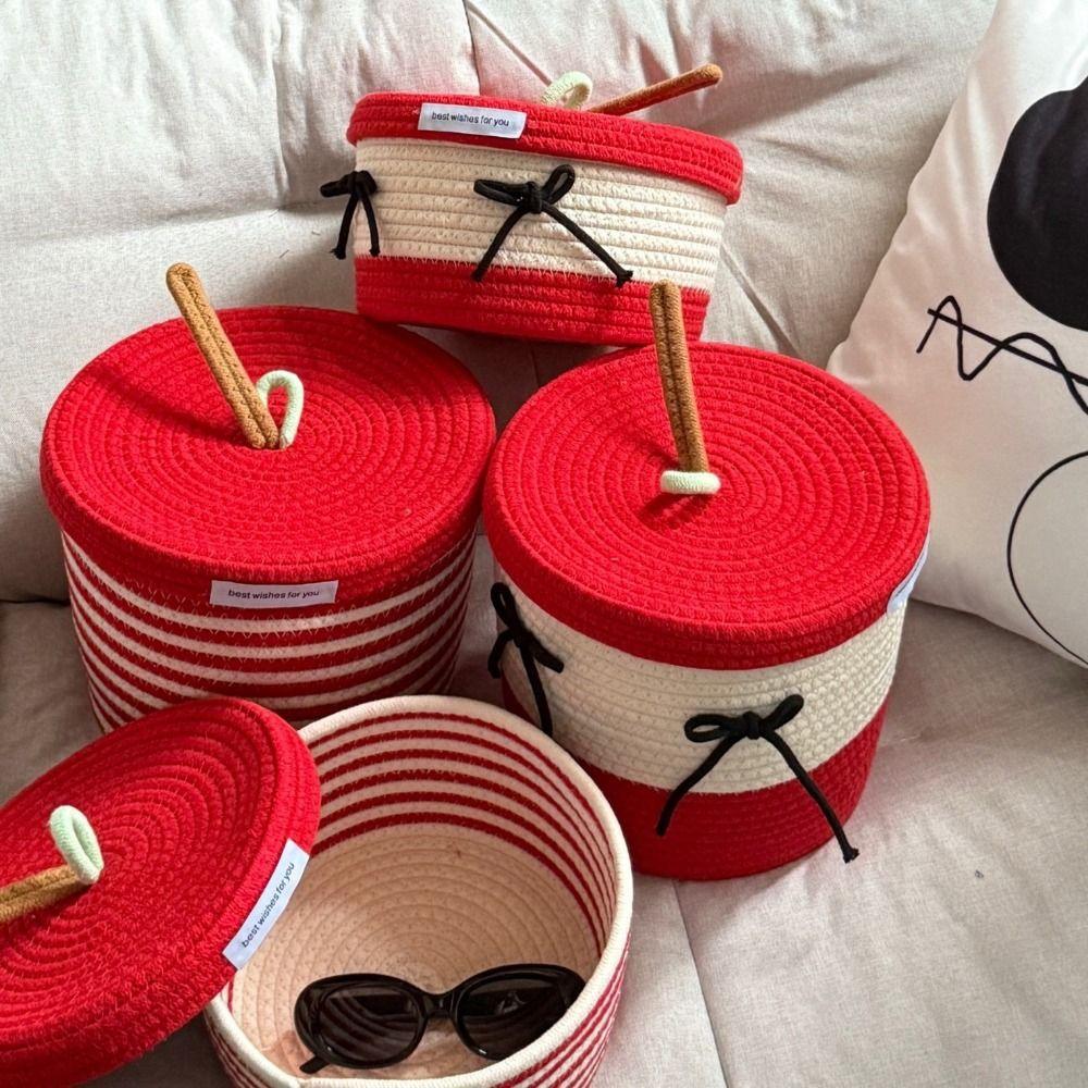 Cotton Tead Woven Storage Basket Red White Organizer Basket Cartoon Covered Basket Women Use