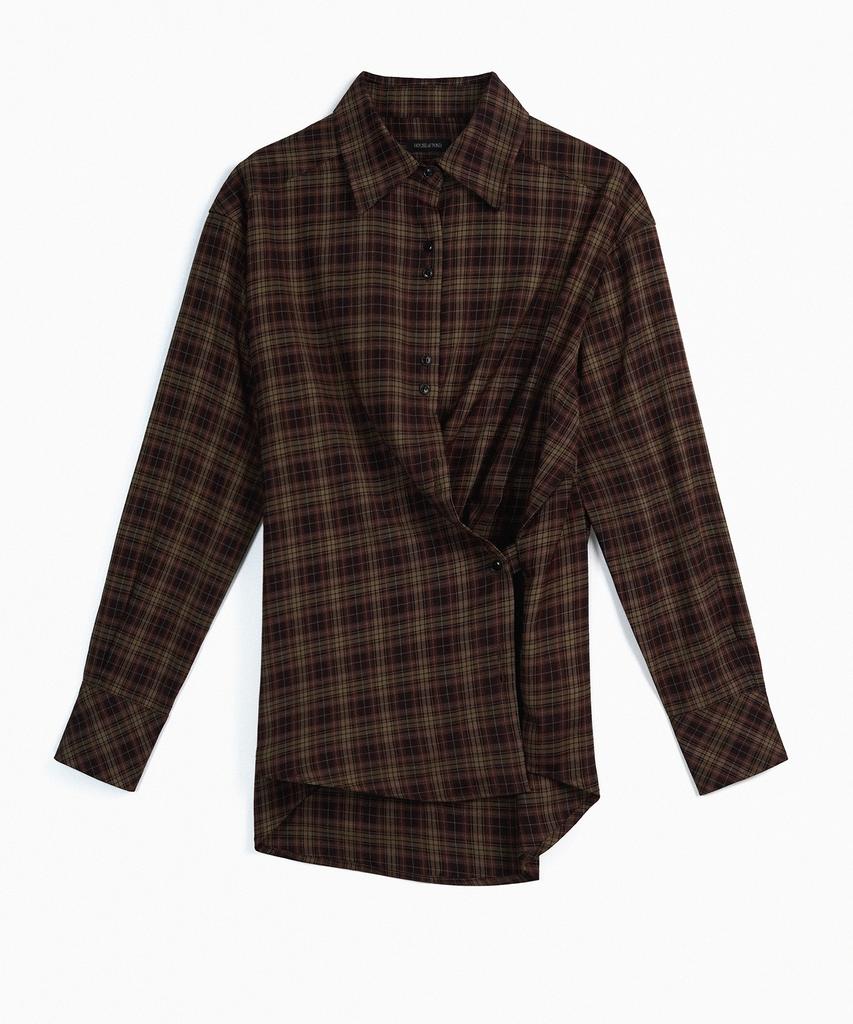 Hauseuobeupondeu Plaid Check Cross Button Shirt_Brown