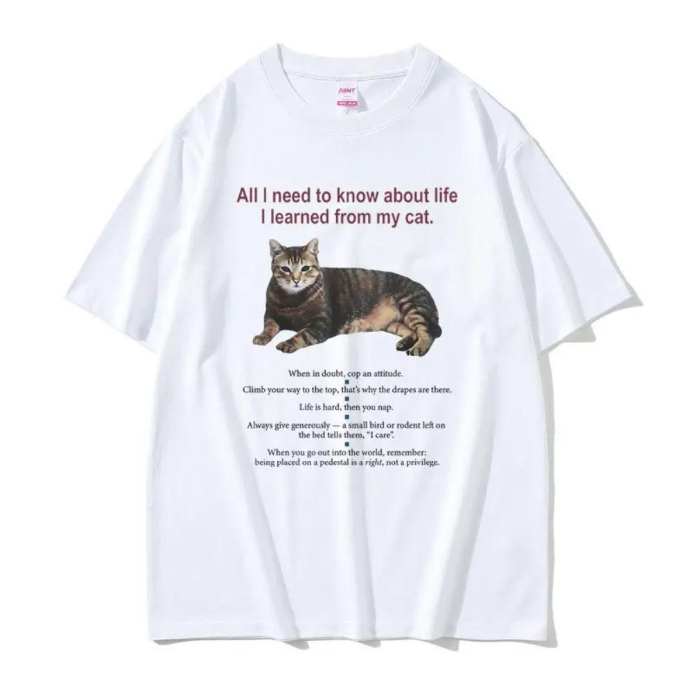 Oversized Red Short-Sleeve T-Shirt Featuring "All I Need to Know About Life I Learned From My Cat" Tabby Cat Life Philosophy Meme Graphic Print