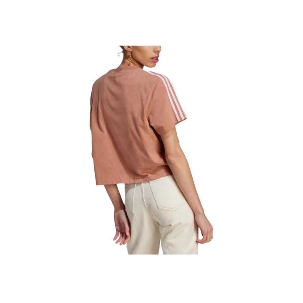 Adidas Essentials Striped Logo Print Casual Round Neck Short Sleeve T-Shirt Women Tops Rock-Layer-Brown IL3412