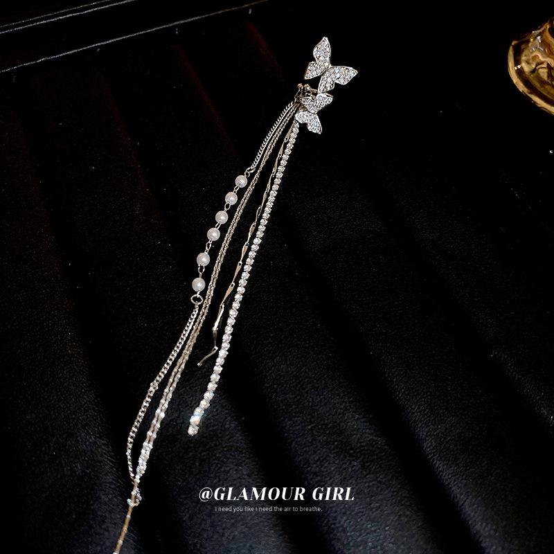 Butterfly Pearl Ear Clips Niche Long Tassel Without Ear Piercings Earbone Clips Earrings Women