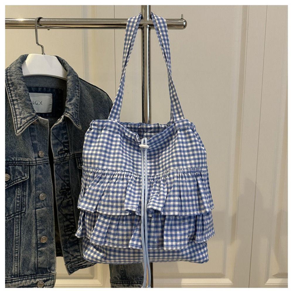 Fashion Drawstring Bag Large Capacity Plaid Tote Bag All-match Lotus Leaf Shoulder Bag  Storage Bag