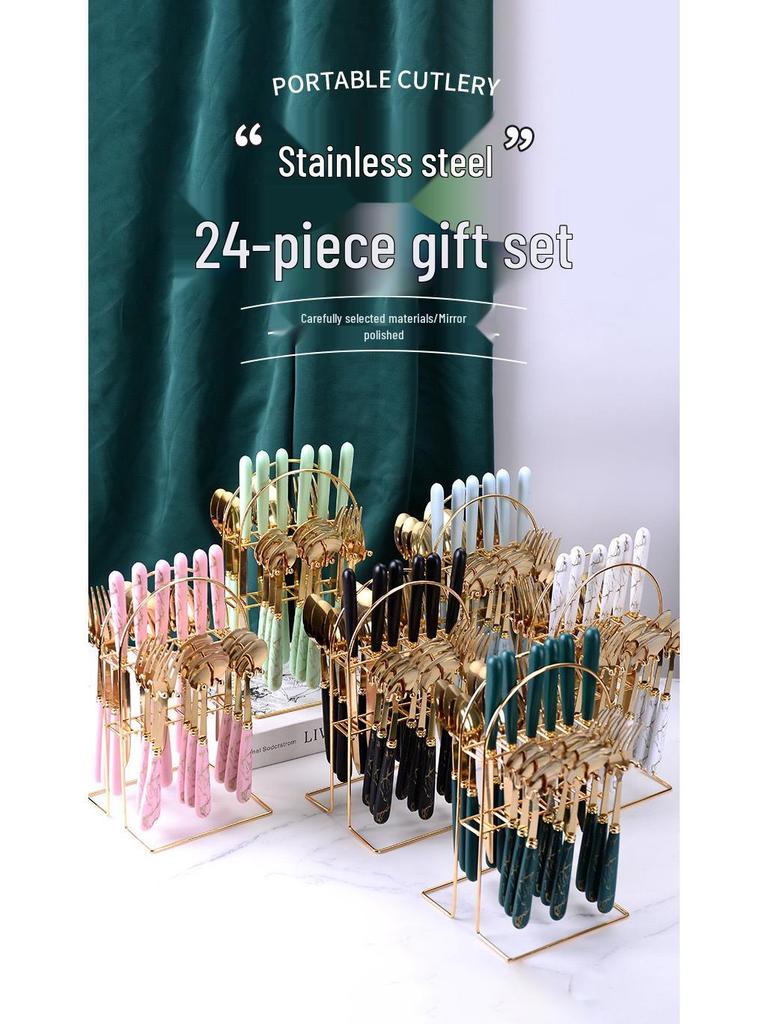 24-Piece Marble Pattern Stainless Steel Cutlery Set with Faux Ceramic Handles - Includes Knife, Fork, Spoon - Gift Boxed.