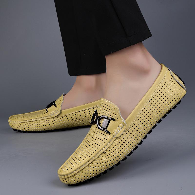 Summer Leather Shoes Men's Breathable Thin Soft-soled Soft Leather Men's Sandals Hollow Holes Lazy Casual Doudou Shoes 6633