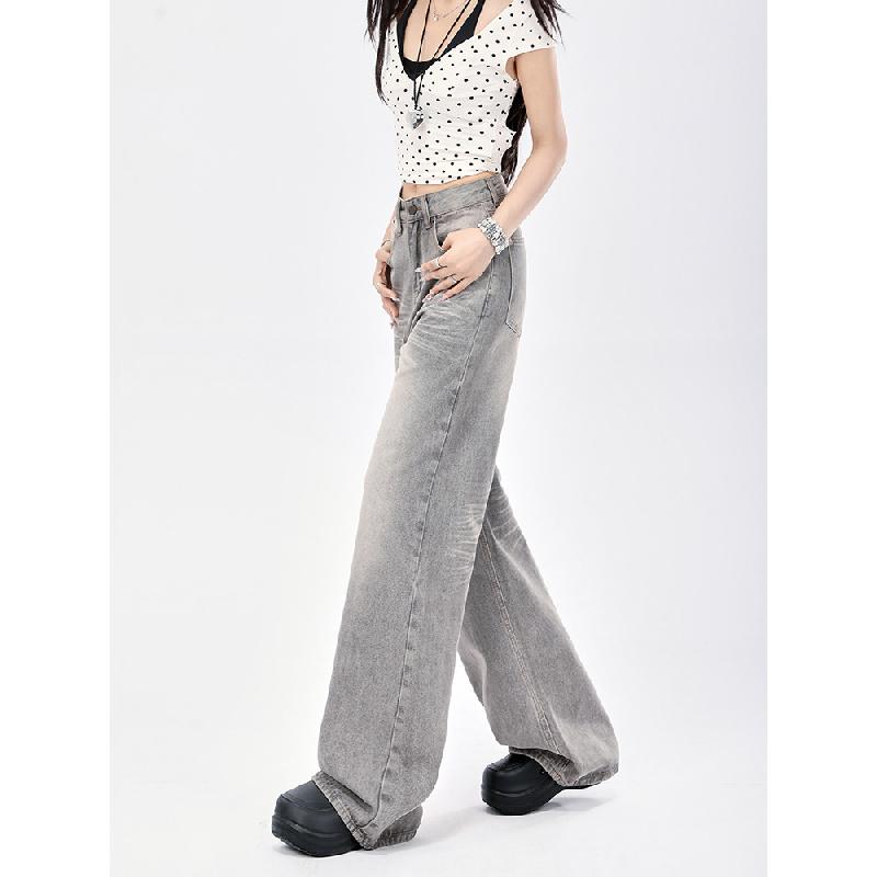American Retro Style Smoky Gray High-end Wide-leg Jeans for Women, 2026 New Model, Drapey, Loose, Straight-leg, Floor-length Pants