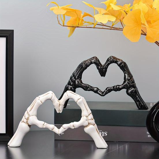 Skeleton Heart Hands Figurine Resin Love Gesture Statue Gothic Heart Shape Skeleton Hands Ornament for Home Halloween Desktop Decor