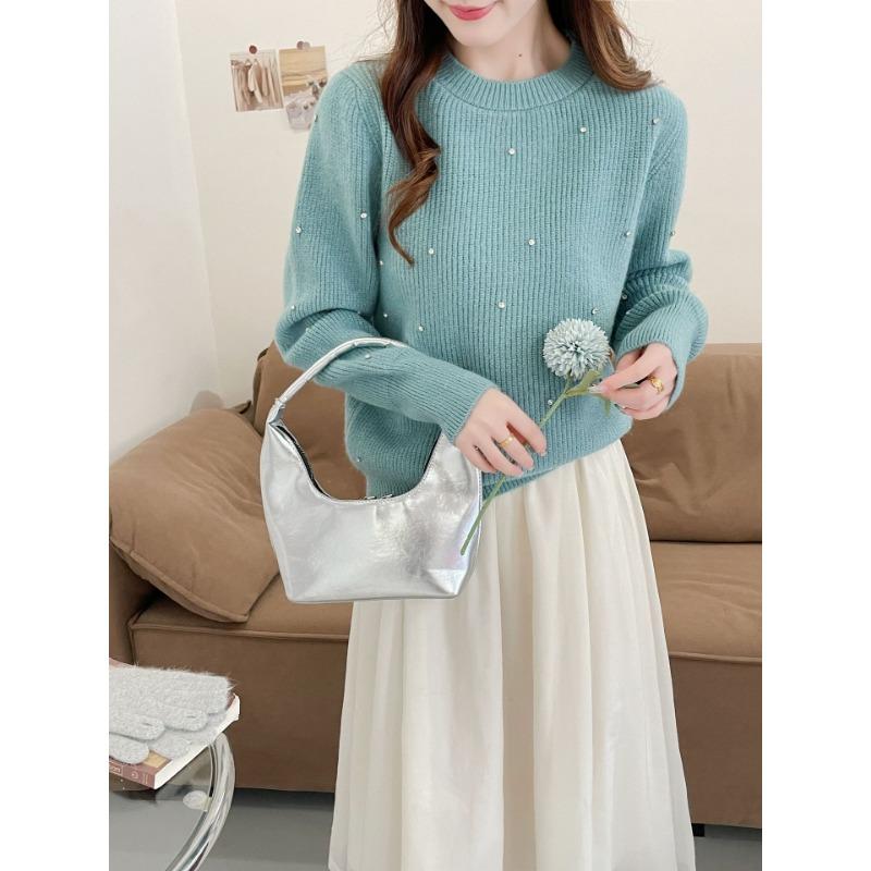 New Autumn and Winter Water Drop Sleeve Pearl Knitted Sweater Women's Soft Waxy Elastic Unbound Reiki Crew Neck Sweater Women's